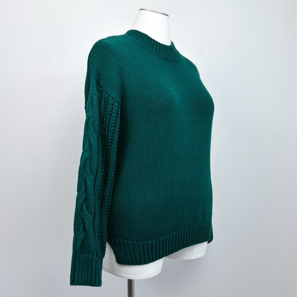 Roolee Green Cable Knit Sleeve Button-Back Crewneck Sweater